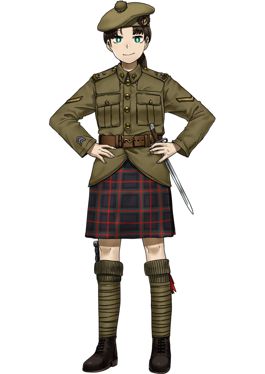 1girl absurdres anyan_(jooho) belt beret black_footwear brown_hair brown_headwear brown_jacket brown_legwear buttons full_body green_eyes hands_on_hips hat highres jacket kilt kneehighs knife looking_at_viewer military military_rank_insignia military_uniform original plaid shoes simple_background socks solo uniform white_background world_war_i