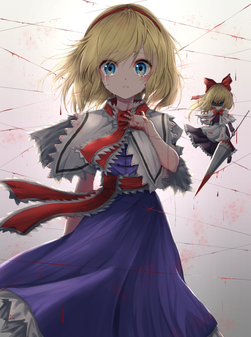 1girl alice_margatroid apron arm_behind_back arm_up bangs blonde_hair blood blood_drip blood_on_face bloody_hands bloody_weapon blue_dress blue_eyes capelet cropped_legs crying crying_with_eyes_open dress eyebrows_visible_through_hair floating floating_clothes floating_hair gradient gradient_background grey_background hair_ribbon hairband hand_on_own_chest highres holding holding_lance holding_polearm holding_weapon kayon_(touzoku) lance looking_at_viewer neck_ribbon parted_lips petticoat polearm puppet_strings red_neckwear ribbon sash shaded_face shanghai_doll solo standing swept_bangs tears touhou waist_apron weapon white_capelet