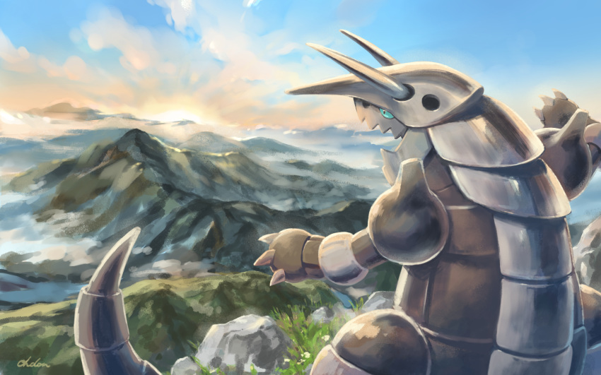 aggron aqua_sclera black_eyes clouds commentary_request day gen_3_pokemon highres horns mountain no_humans ohdon open_mouth outdoors pokemon pokemon_(creature) rock sky solo standing sun