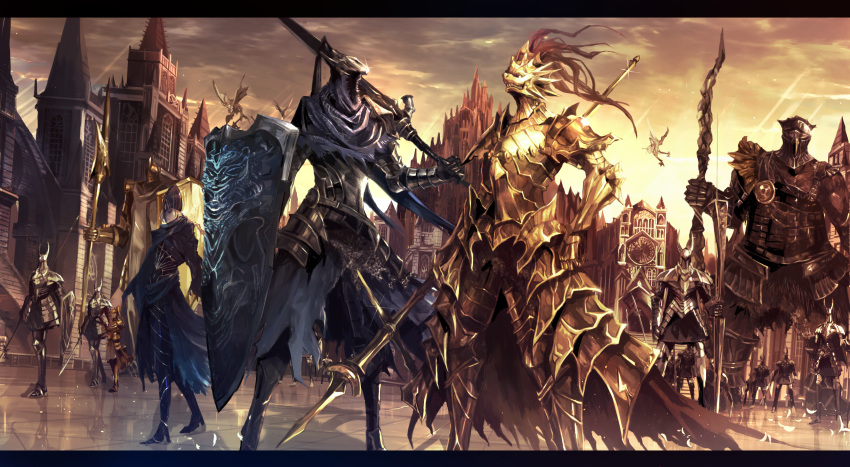 2girls 3boys 6+others absurdres armor armored_dress army artorias_the_abysswalker blue_capelet bow_(weapon) braid breastplate building capelet castle church clouds cloudy_sky commentary_request dark_souls dragon_slayer_ornstein epic faulds feet_out_of_frame full_armor full_body gargoyle gauntlets glint gold_armor greatsword greaves hawkeye_gough helmet highres holding holding_bow_(weapon) holding_shield holding_spear holding_sword holding_weapon hood horned_helmet lady_of_the_darkling leg_armor light_rays looking_away lord's_blade_ciaran mask mono_(jdaj) multiple_boys multiple_girls multiple_others over_shoulder pauldrons plate_armor plume polearm ponytail sentinel_(dark_souls) shield shoulder_armor silver_knight_(dark_souls) single_braid sky souls_(from_software) spear standing sunlight surcoat sword tower vambraces weapon window
