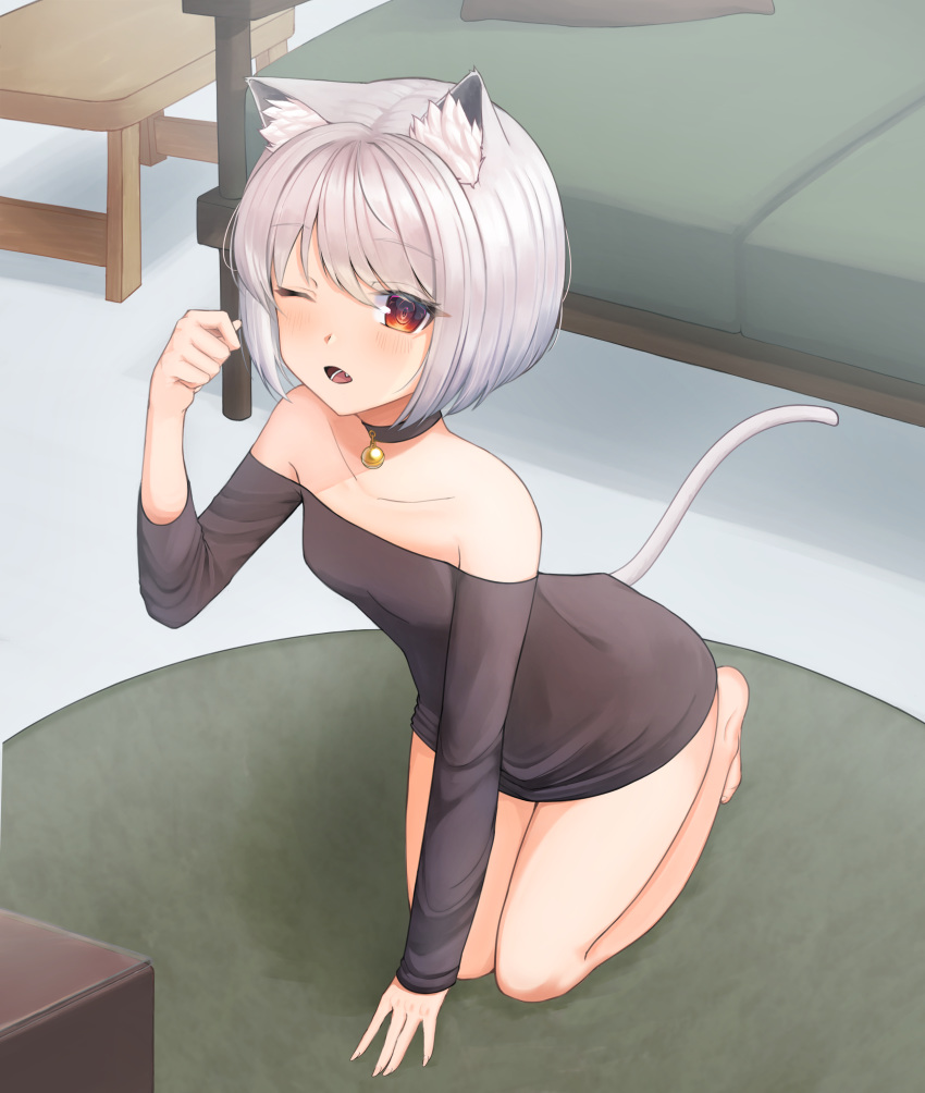 1girl ;o absurdres animal_ear_fluff animal_ears bangs bare_legs bare_shoulders barefoot bell bell_choker black_choker black_shirt blush breasts cat_ears cat_girl cat_tail choker collarbone commentary_request couch eyebrows_visible_through_hair fang full_body hand_on_ground hand_up highres indoors jingle_bell kneeling long_sleeves looking_at_viewer numim off_shoulder one_eye_closed open_mouth original shirt short_hair silver_hair small_breasts solo table tail wooden_table