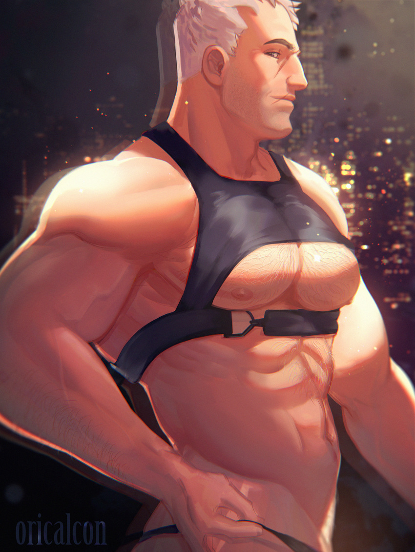 1boy abs bara beard body_hair bondage_outfit brown_eyes chest facial_hair highres male_focus manly muscle nipples oricalcon overwatch pectorals scar shirtless soldier:_76_(overwatch) solo upper_body white_hair