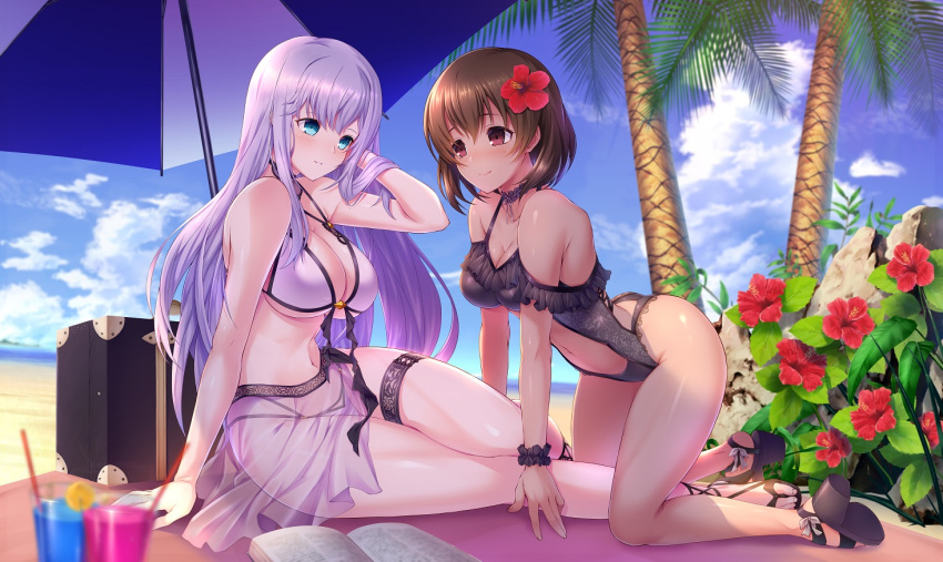 2girls alexandra_(suzuame_yatsumi) all_fours arm_support bangs bare_shoulders beach bikini black_swimsuit blue_eyes blush breasts brown_hair choker commission commissioner_upload day emanon123 flower frilled_swimsuit frills hair_flower hair_ornament hand_on_own_cheek hibiscus lavender_bikini long_hair looking_at_another multiple_girls navel original outdoors purple_hair red_eyes sandals sarong see-through shalifa_(suzuame_yatsumi) short_hair sidelocks stomach swimsuit thigh_strap thighs