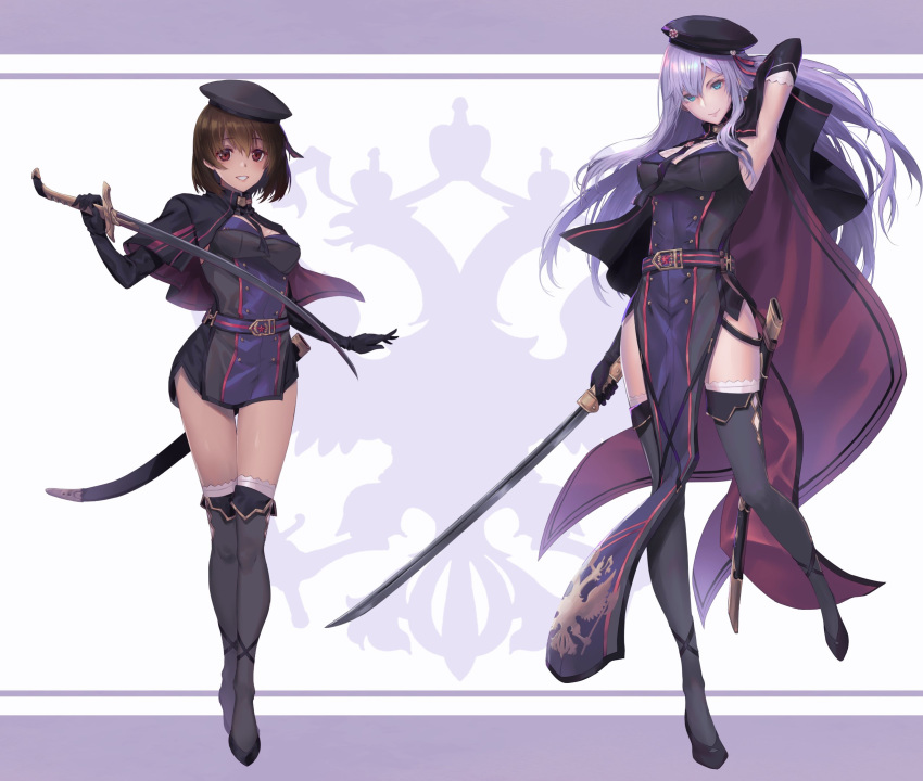 2girls alexandra_(suzuame_yatsumi) arm_across_waist arm_behind_head armpits bangs belt beret blue_eyes blush boots breasts brown_hair cape capelet dress elbow_gloves eyebrows_visible_through_hair gloves hair_between_eyes hat high_heel_boots high_heels highres holding holding_sword holding_weapon large_breasts lavender_hair long_hair looking_at_viewer military military_uniform multiple_girls necktie original pelvic_curtain red_eyes shalifa_(suzuame_yatsumi) short_dress short_hair sidelocks smile suzuame_yatsumi sword thigh-highs thigh_boots thighs uniform weapon