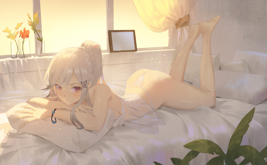 1girl ass azur_lane bangs bare_shoulders barefoot braid breasts butterfly_hair_ornament camisole cirilla dunkerque_(azur_lane) feet_up grey_hair hair_ornament highres indoors large_breasts long_hair looking_at_viewer lying on_bed on_stomach panties pillow ponytail red_eyes sidelocks solo sunset thighs underwear white_panties wristband