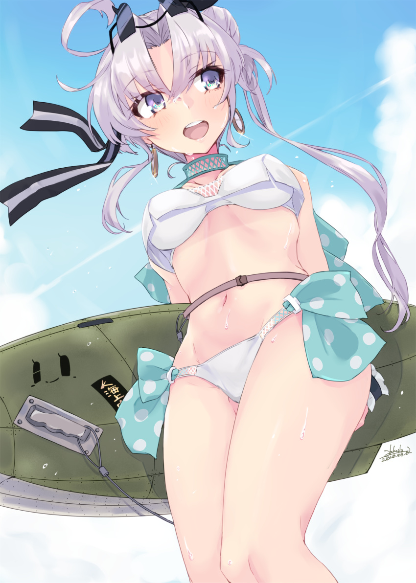 1girl ahoge aircraft airplane akitsushima_(kantai_collection) alakoala bikini blue_sky clouds condensation_trail flying_boat hat highres kantai_collection long_hair looking_to_the_side mini_hat nishikitaitei-chan open_mouth purple_hair round_teeth side_ponytail sidelocks sky solo swimsuit teeth upper_teeth violet_eyes white_bikini
