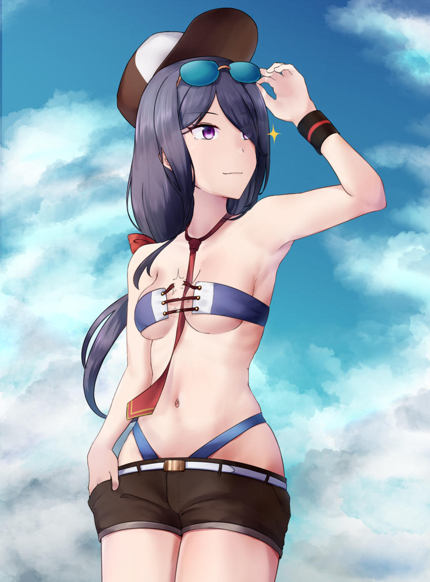 1girl ariake_(kantai_collection) baseball_cap bikini black_wristband blue_sky breasts brown_shorts clouds commentary_request cowboy_shot hair_over_one_eye hand_in_pocket hat highres kantai_collection long_hair looking_to_the_side necktie purple_bikini purple_hair rainysnowy108 red_neckwear short_shorts shorts sky small_breasts solo swimsuit violet_eyes