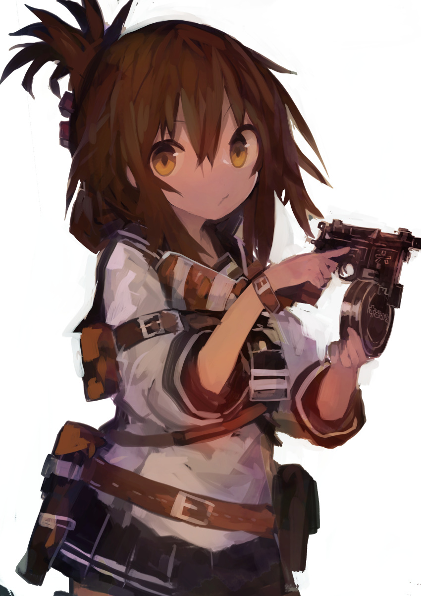 1girl absurdres bangs brown_hair closed_mouth folded_ponytail gun hair_between_eyes handgun highres holding holding_gun holding_weapon inazuma_(kantai_collection) kaamin_(mariarose753) kantai_collection pistol pleated_skirt ponytail pouch sailor_collar school_uniform serafuku simple_background skirt solo weapon weapon_request white_background yellow_eyes