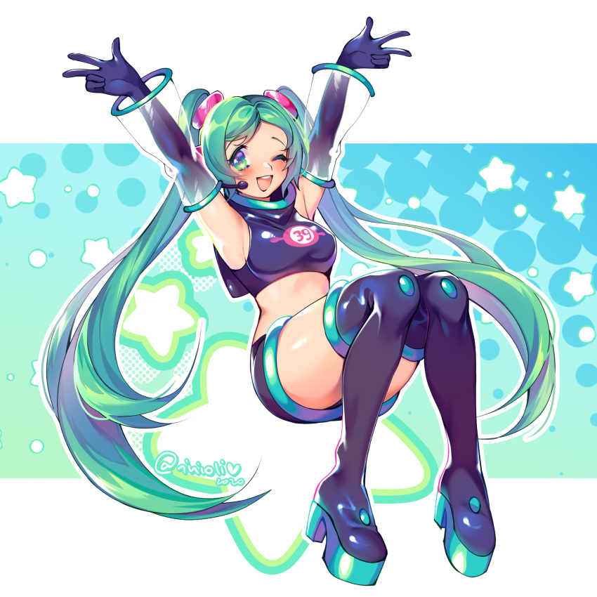 1girl 39 2020 armpits arms_up black_gloves boots breasts detached_sleeves elbow_gloves full_body gloves green_eyes green_hair hatsune_miku headset highres inioli long_hair medium_breasts midriff one_eye_closed open_mouth platform_boots platform_footwear see-through solo space_channel_5 thigh-highs thigh_boots twintails twitter_username very_long_hair vocaloid