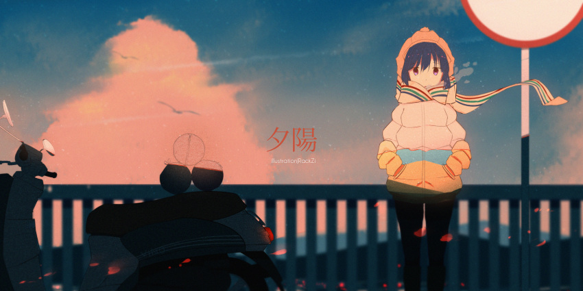 1girl animal artist_name bird black_pants blue_hair clouds dusk ground_vehicle hafrizalramad hands_in_pockets highres jacket looking_at_viewer motor_vehicle pants scarf scenery shima_rin sky solo standing violet_eyes yurucamp