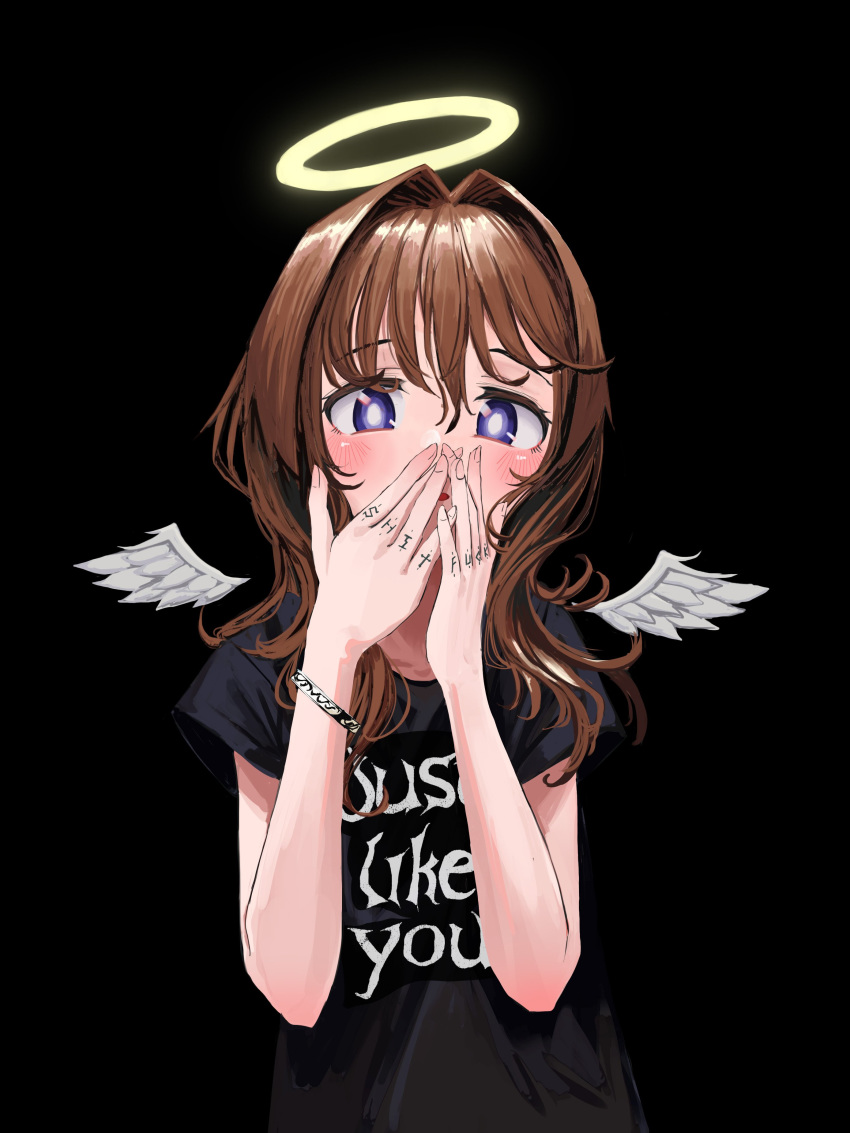 1girl absurdres angel_(nadegata) angel_wings black_background black_shirt blush bracelet bright_pupils brown_hair clothes_writing detached_wings feathered_wings finger_tattoo fingernails hair_intakes halo hands_over_mouth highres jewelry long_hair looking_at_viewer nadegata original profanity shirt short_sleeves simple_background solo upper_body violet_eyes white_pupils white_wings wings