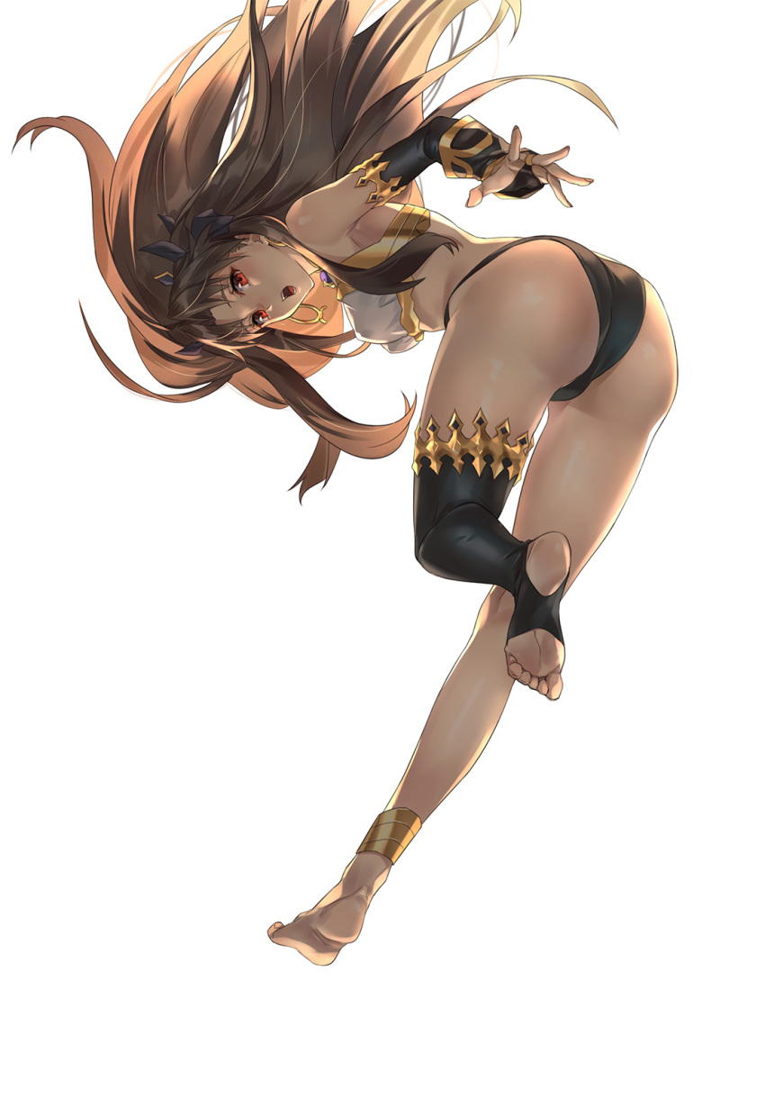 1girl ahoge anklet armlet ass asymmetrical_legwear asymmetrical_sleeves backlighting bangs bare_shoulders bikini black_bow blush bow breasts brown_hair detached_sleeves earrings fate/grand_order fate_(series) feet gold_trim hair_bow highres hoop_earrings ishtar_(fate)_(all) ishtar_(fate/grand_order) jewelry legs long_hair looking_at_viewer medium_breasts mismatched_bikini neck_ring open_mouth parted_bangs red_eyes simple_background single_detached_sleeve single_thighhigh soles swimsuit thigh-highs tiara tight_(ohmygod) two_side_up white_background