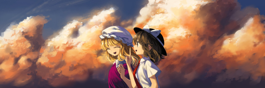 2girls ^_^ ^o^ absurdres blonde_hair bow brown_eyes brown_hair closed_eyes clouds cloudy_sky dress fedora hat hat_bow hat_ribbon highres maribel_hearn mob_cap multiple_girls necktie open_mouth outdoors purple_dress ribbon short_hair sky suna_(s73d) talking touhou usami_renko white_bow