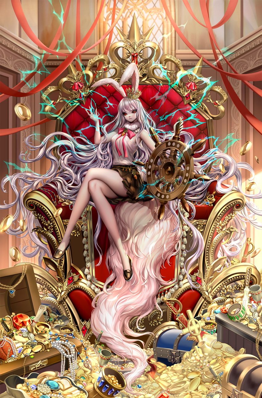 1girl animal_ears brown_skirt bunny_tail carrot_(one_piece) coin commission crossed_legs crown electricity fur_collar furry gold highres jewelry legs long_hair looking_at_viewer neck_ribbon one_piece rabbit_ears red_eyes red_neckwear red_ribbon ribbon sammi_hisame shirt sitting skirt sleeveless sleeveless_shirt solo steering_wheel tail throne treasure very_long_hair very_long_tail white_hair white_shirt