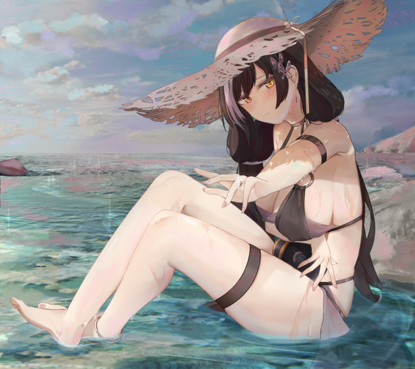 1girl barefoot bikini black_bikini black_hair breasts clouds cloudy_sky earrings girls_frontline hat heterochromia jewelry large_breasts long_hair looking_at_viewer multicolored_hair red_eyes ro635_(girls_frontline) ru_zhai sitting sky solo streaked_hair sun_hat swimsuit thigh_strap two-tone_hair water white_hair yellow_eyes