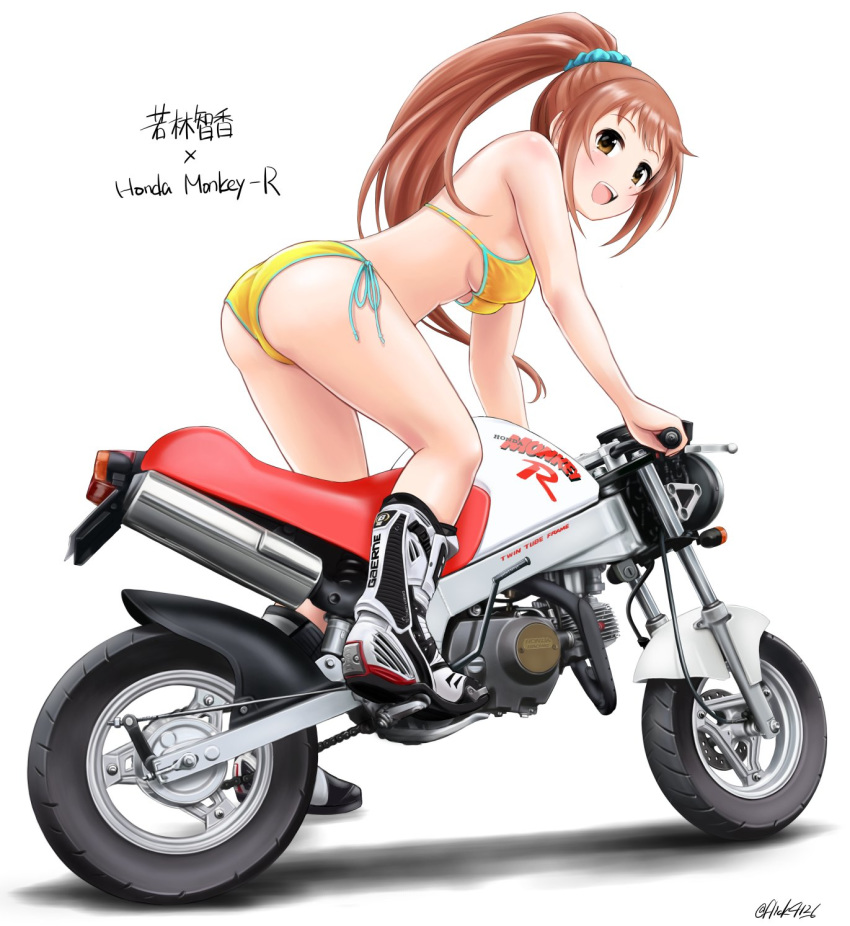 1girl :d ass bangs bikini blue_scrunchie boots breasts brown_eyes brown_hair character_name flick_(sal23) foot_up ground_vehicle hair_ornament hair_scrunchie highres honda_monkey idolmaster idolmaster_cinderella_girls leaning_forward logo long_hair looking_at_viewer looking_back medium_breasts motor_vehicle motorcycle open_mouth ponytail riding scrunchie shadow side-tie_bikini simple_background smile solo standing swimsuit translated wakabayashi_tomoka white_background white_footwear yellow_bikini