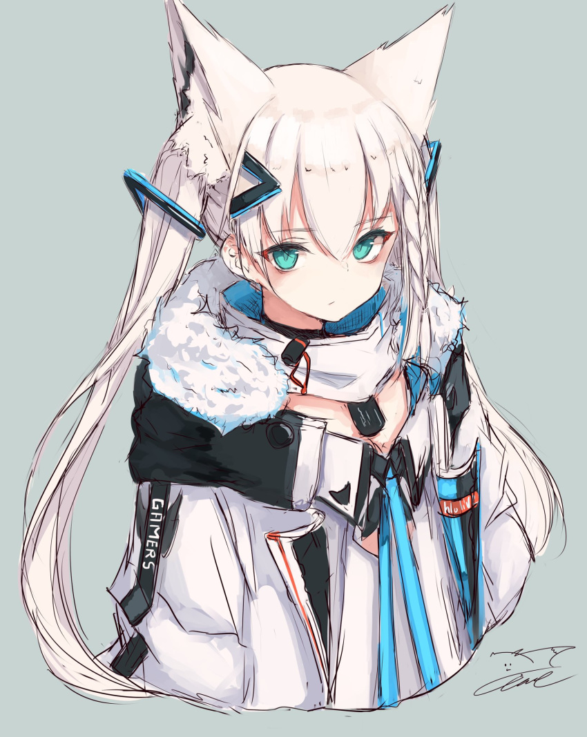 1girl animal_ears bangs black_choker blue_background braid choker commentary_request dog_tags eyebrows_visible_through_hair fox_ears fox_girl fur-trimmed_jacket fur_trim hair_between_eyes hair_ornament hairclip highres hololive inre_kemomimi jacket long_hair looking_at_viewer open_clothes open_jacket shirakami_fubuki shirt sidelocks signature simple_background single_braid solo twintails virtual_youtuber white_jacket white_shirt
