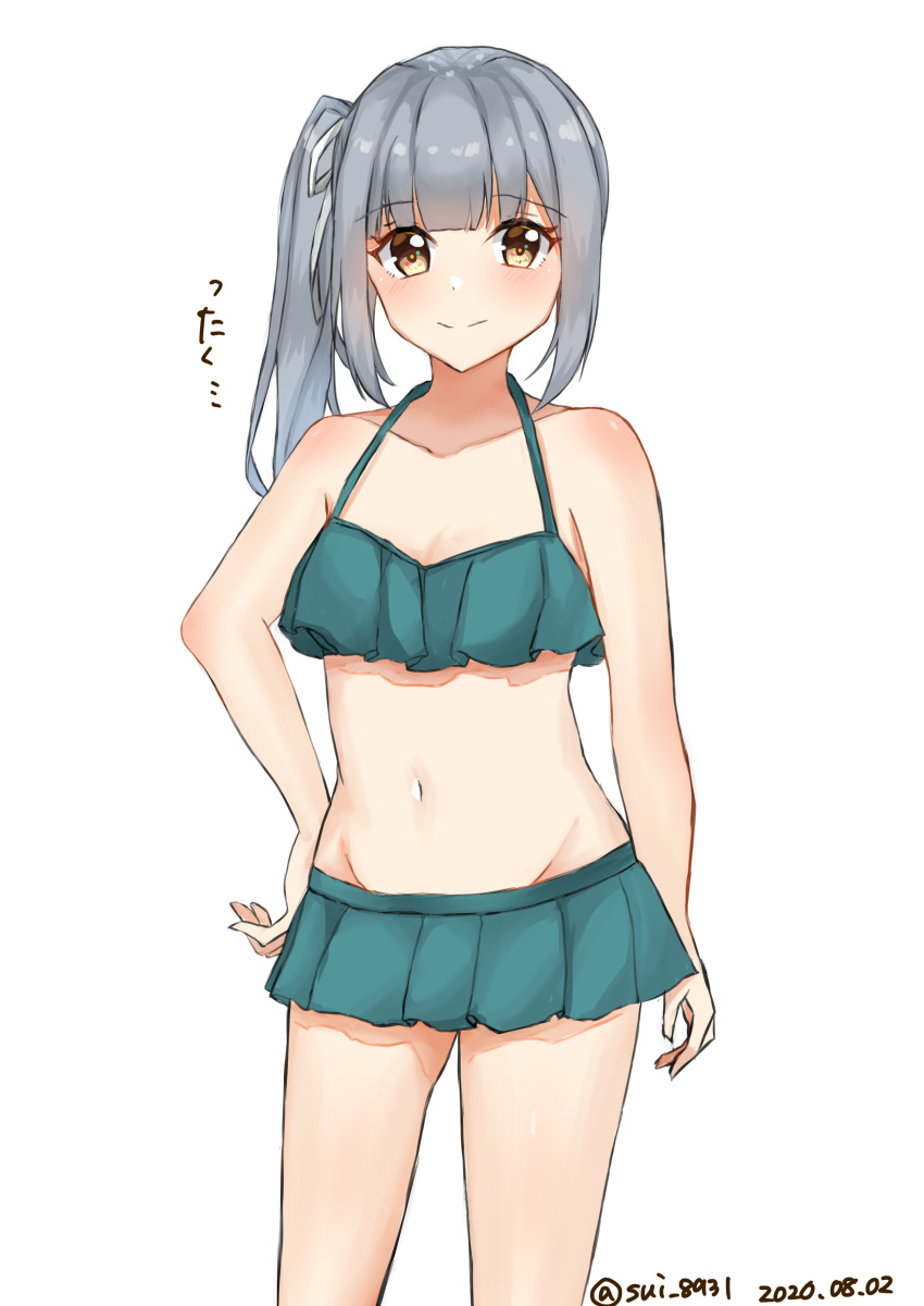 1girl absurdres bikini bikini_skirt brown_eyes commentary_request contrapposto cowboy_shot dated green_bikini grey_hair groin hand_on_hip highres kantai_collection kasumi_(kantai_collection) long_hair looking_at_viewer side_ponytail simple_background smile solo standing swimsuit tamako_(sui_8931) twitter_username white_background