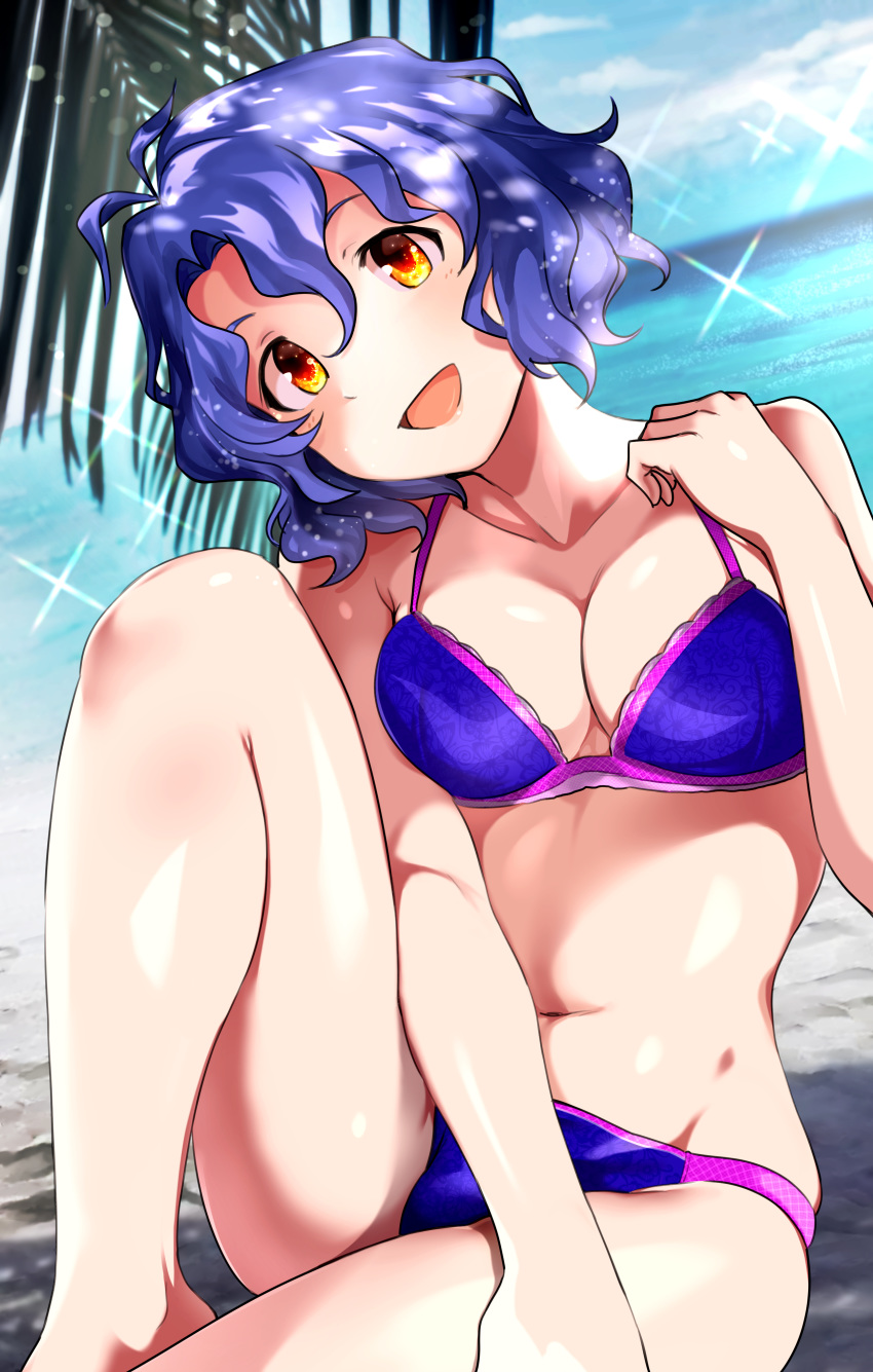 1girl absurdres antenna_hair beach bikini blue_bikini blue_hair blue_sky breasts brown_eyes clouds collarbone commentary_request day head_tilt highres idolmaster idolmaster_million_live! large_breasts looking_at_viewer medium_breasts outdoors short_hair sitting sky smile solo solo07450075 sparkle swimsuit toyokawa_fuuka wavy_hair