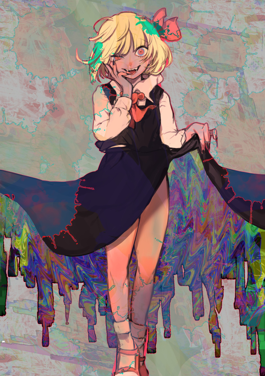 absurdres black_skirt blonde_hair blouse bow cravat dress_shirt fang hair_bow hair_ribbon highres long_sleeves mary_janes melting mi_ri_000 necktie red_bow red_eyes red_footwear red_neckwear red_ribbon ribbon rumia shirt shoes short_hair skirt socks touhou vest white_blouse white_shirt wing_collar