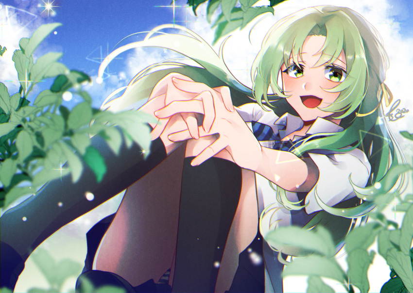 1girl :d bangs black_legwear black_skirt blue_sky clouds commentary crossed_legs dated dutch_angle feet_out_of_frame green_eyes green_hair hair_ribbon hand_on_own_knee highres higurashi_no_naku_koro_ni interlocked_fingers kamuro_asu kneehighs leaf long_hair looking_at_viewer necktie open_mouth outdoors plant ribbon shirt short_sleeves signature sitting skirt sky smile solo sonozaki_shion sparkle striped striped_neckwear white_shirt yellow_ribbon