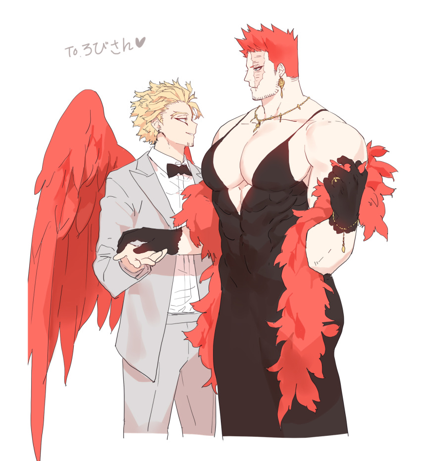 2boys abs bara bare_shoulders beard blonde_hair blue_eyes boku_no_hero_academia bow bowtie chest crossdressinging deavor_lover dress earrings facial_hair feathered_wings feathers formal gloves hawks_(boku_no_hero_academia) highres holding_hands jewelry male_focus manly multiple_boys muscle mustache pectorals redhead scar sleeveless smile spiky_hair suit todoroki_enji upper_body wings yaoi