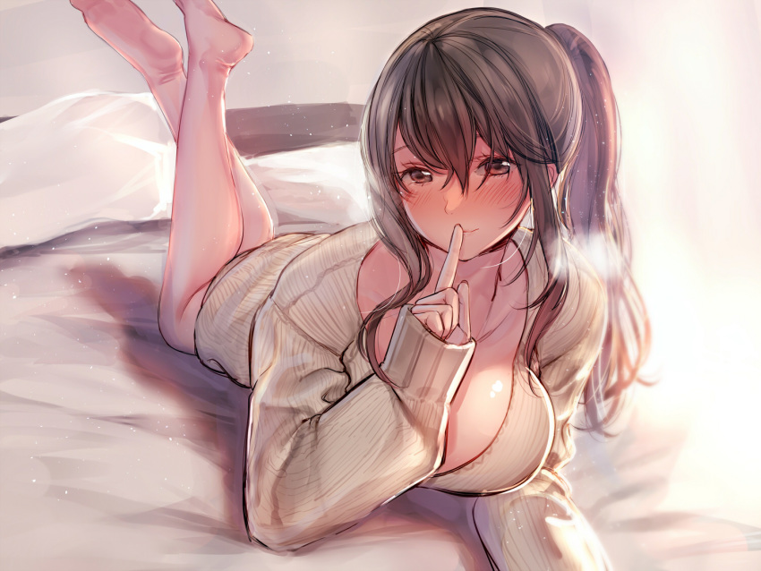 1girl amane_ruri bangs barefoot blush breasts brown_eyes brown_hair crossed_ankles finger_to_mouth hair_between_eyes large_breasts long_hair looking_at_viewer lying on_bed original ponytail ribbed_sweater shushing sidelocks sleeves_past_wrists smile solo sweater