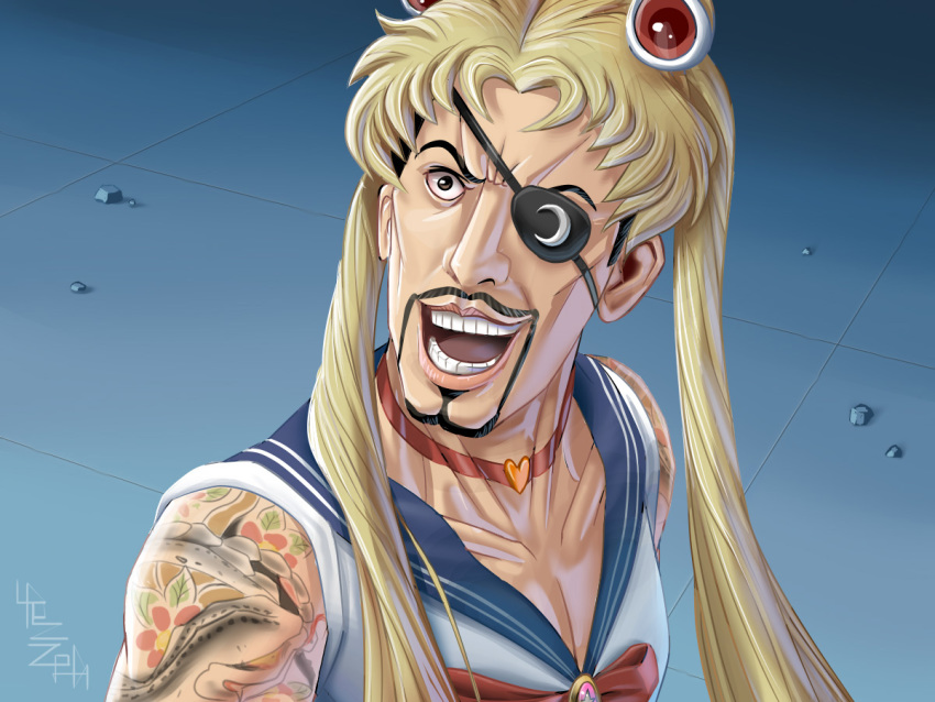 1boy :d arm_tattoo bangs bishoujo_senshi_sailor_moon black_eyepatch black_eyes black_hair blonde_hair blue_sailor_collar bow bowtie choker collarbone cosplay crossdressinging english_commentary evil_smile eyepatch facial_hair goatee hair_intakes hair_over_shoulder heart heart_choker long_hair majima_gorou male_focus meme mustache one_eye_covered open_mouth parted_bangs print_eyepatch red_choker red_neckwear ryuu_ga_gotoku sailor_collar sailor_moon sailor_moon_(cosplay) sailor_moon_redraw_challenge sailor_senshi_uniform school_uniform serafuku short_hair sleeveless smile solo tattoo teeth toned toned_male twintails upper_body v-shaped_eyebrows wig yosatorn_chamachoti