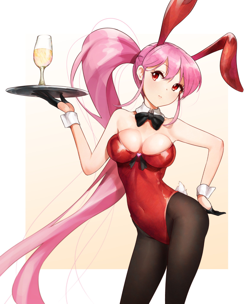 1girl animal_ears black_gloves black_legwear black_neckwear bow bowtie breasts bunny_day bunny_tail bunnysuit cowboy_shot cup detached_collar drinking_glass gloves half_gloves highres leotard long_hair looking_to_the_side medium_breasts original pantyhose pink_hair rabbit_ears red_eyes red_leotard side_ponytail simple_background solo spica_(starlitworks) strapless strapless_leotard tail tray white_background wine_glass wrist_cuffs