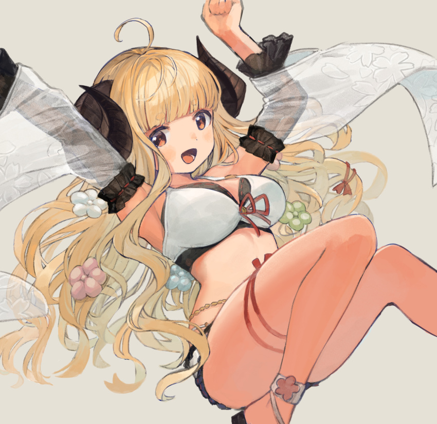 1girl :d ahoge anila_(granblue_fantasy) armpits arms_up bangs bikini blonde_hair blue_flower blunt_bangs blush breasts brown_eyes commentary_request curled_horns draph eyebrows_visible_through_hair feet_out_of_frame flower granblue_fantasy green_flower grey_background hair_flower hair_ornament highres horns karamomo large_breasts layered_bikini long_hair looking_at_viewer open_mouth pink_flower ribbon-trimmed_bikini see-through sheep_horns short_eyebrows simple_background smile solo swimsuit thick_eyebrows very_long_hair white_bikini white_flower