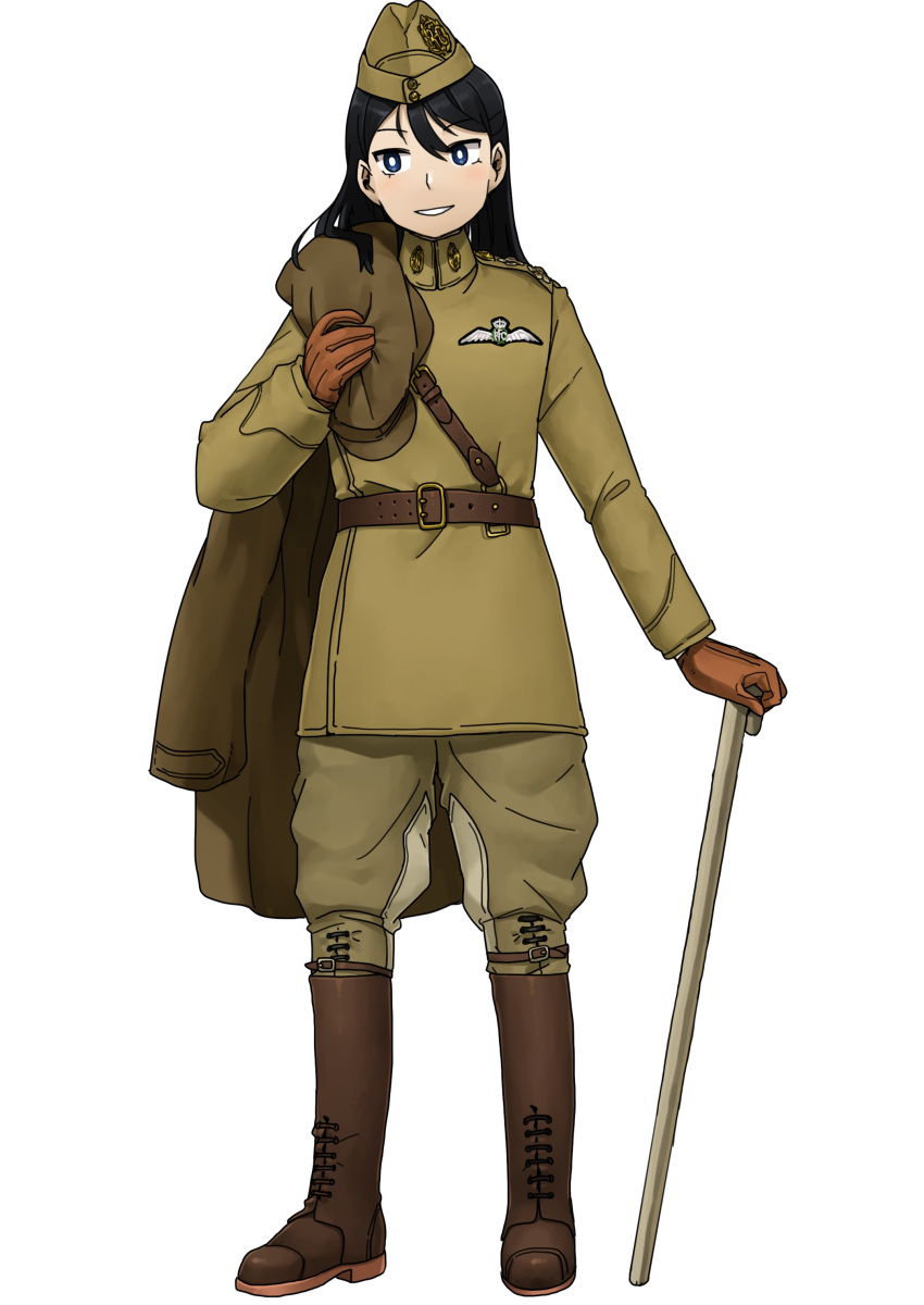 1girl absurdres anyan_(jooho) belt black_hair blue_eyes boots brown_footwear brown_gloves brown_headwear brown_jacket brown_pants cane full_body garrison_cap gloves hat high_collar highres holding holding_clothes jacket long_hair military military_uniform original pants simple_background smile solo standing teeth uniform white_background world_war_i