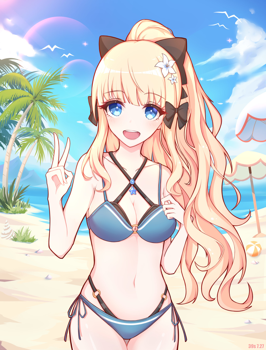 1girl 39s absurdres bangs bikini black_bow blonde_hair blue_eyes blush bow breasts elf eyebrows_visible_through_hair flower hair_bow hair_flower hair_ornament highres large_breasts long_hair looking_at_viewer open_mouth pointy_ears ponytail princess_connect! princess_connect!_re:dive saren_(princess_connect!) smile solo swimsuit