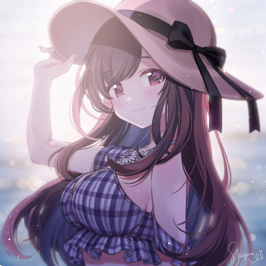 1girl black_ribbon breasts brown_footwear brown_hair from_side hat highres holding holding_clothes holding_hat idolmaster idolmaster_shiny_colors large_breasts light_smile looking_at_viewer ribbon shigure_ui solo sun_hat sunlight tsukioka_kogane