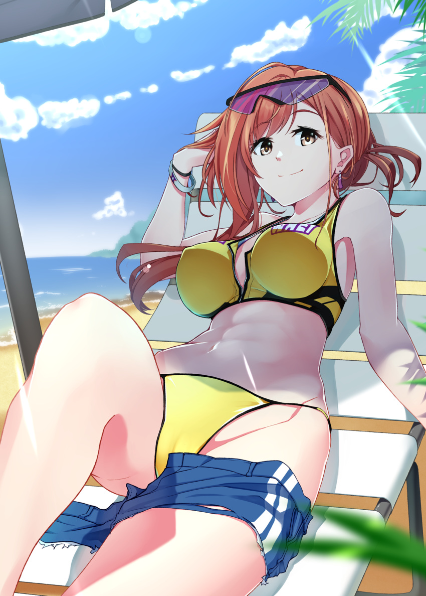 1girl abs arisugawa_natsuha bangs bare_shoulders beach bikini blue_shorts blue_sky blurry_foreground blush breasts breasts_apart brown_eyes closed_mouth clouds covered_nipples cowboy_shot day eyewear_on_head hadaka_megane highres idolmaster idolmaster_shiny_colors large_breasts long_hair looking_at_viewer lying navel ocean on_back outdoors parasol reclining redhead shorts shorts_down sky smile solo sunglasses swimsuit thighs tied_hair umbrella yellow_bikini