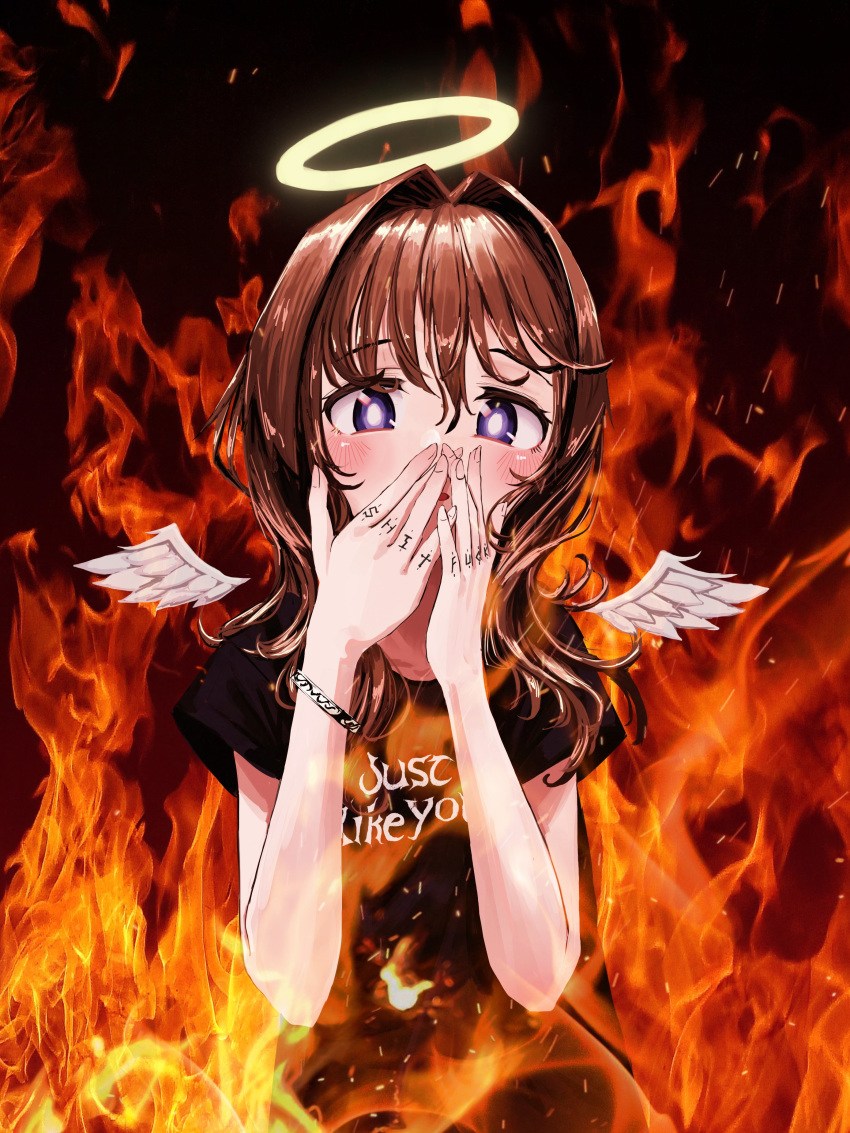 1girl absurdres angel_(nadegata) angel_wings black_shirt blush bracelet bright_pupils brown_hair burning clothes_writing detached_wings feathered_wings finger_tattoo fingernails fire hair_intakes halo hands_over_mouth highres jewelry long_hair looking_at_viewer nadegata original profanity shirt short_sleeves solo upper_body violet_eyes white_pupils white_wings wings