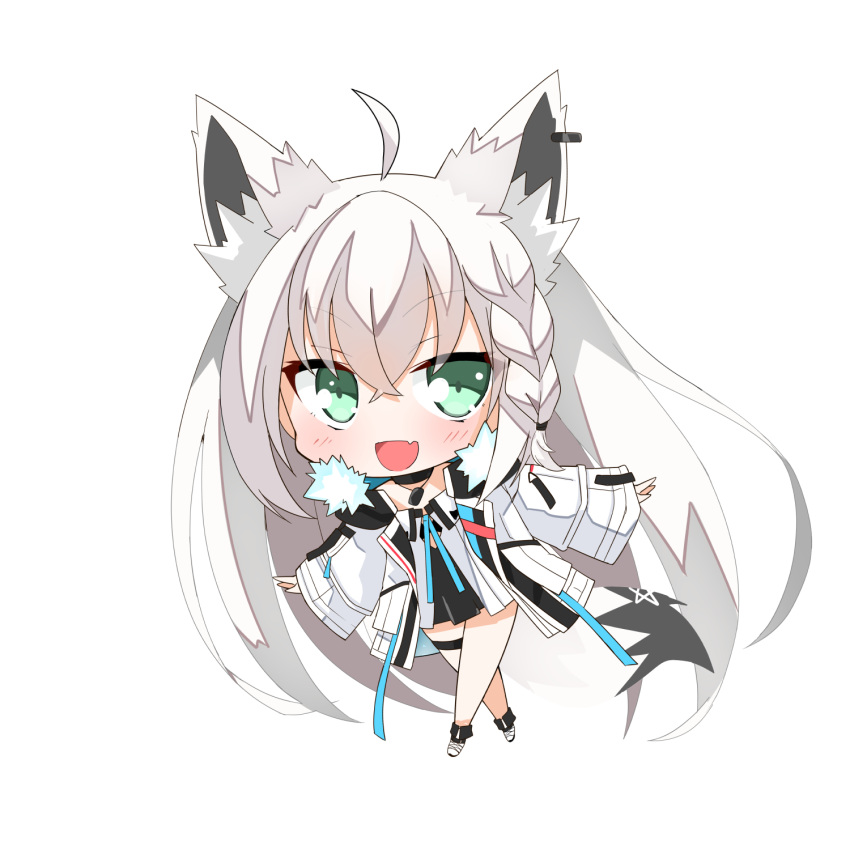 1girl animal_ears bangs black_choker black_dress blush braid chibi choker commentary_request denden_taiko dog_tags dress earrings eyebrows_visible_through_hair fang fox_ears fox_girl fox_tail fur-trimmed_jacket fur_trim green_eyes hair_between_eyes highres hololive jacket jewelry long_hair looking_at_viewer open_clothes open_jacket open_mouth shirakami_fubuki shirt sidelocks simple_background single_braid skin_fang solo tail thigh_strap very_long_hair virtual_youtuber white_background white_hair white_jacket white_shirt