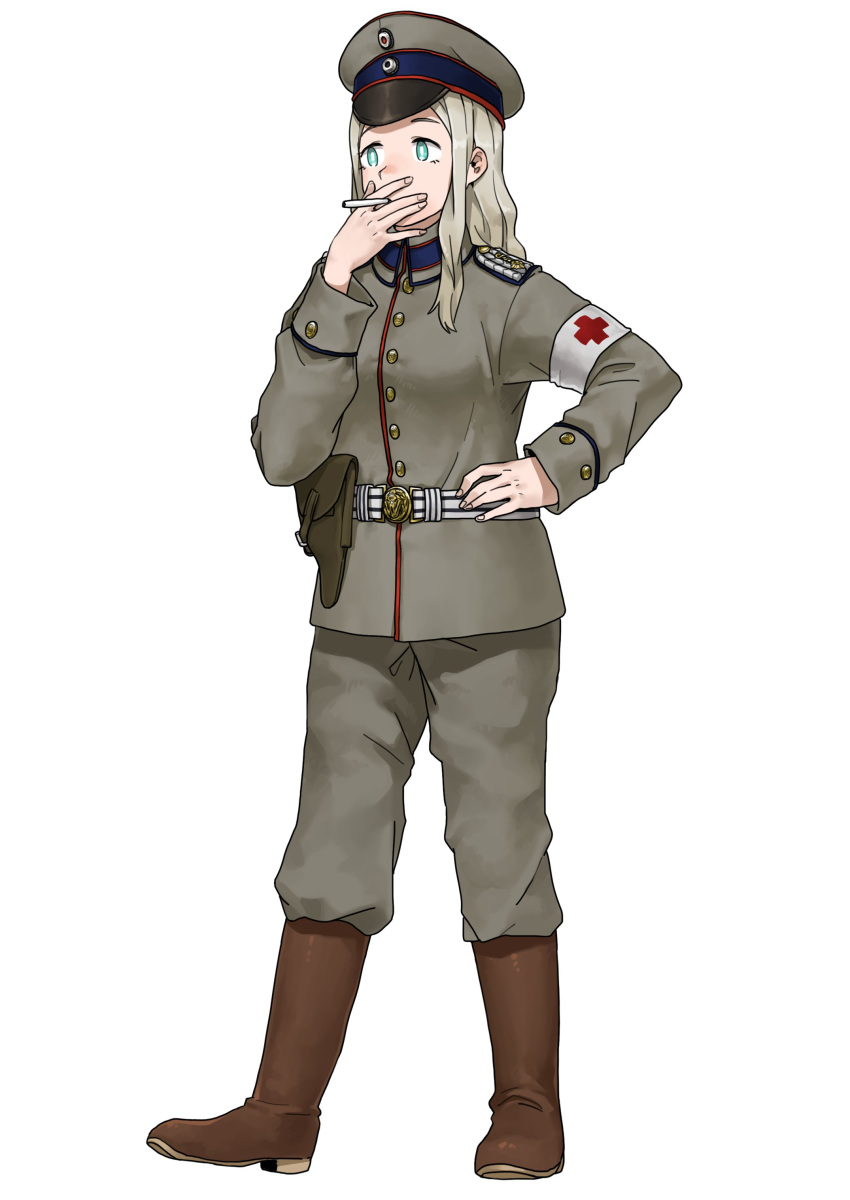 1girl absurdres anyan_(jooho) armband belt blue_eyes boots brown_footwear buttons cigarette full_body grey_hair grey_headwear grey_jacket hand_on_hip hat highres holster jacket long_hair long_sleeves military military_uniform original peaked_cap red_cross simple_background smoking solo standing uniform white_background world_war_i