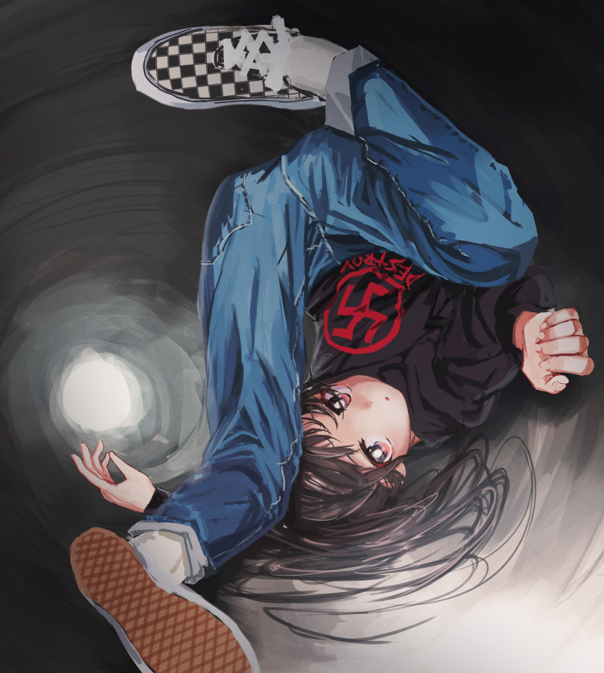 1girl absurdres black_sweater blue_pants bright_pupils brown_hair denim grey_legwear highres jeans long_hair long_sleeves looking_at_viewer nadegata original pants parted_lips red_eyes shoes socks solo swastika sweater upside-down white_pupils