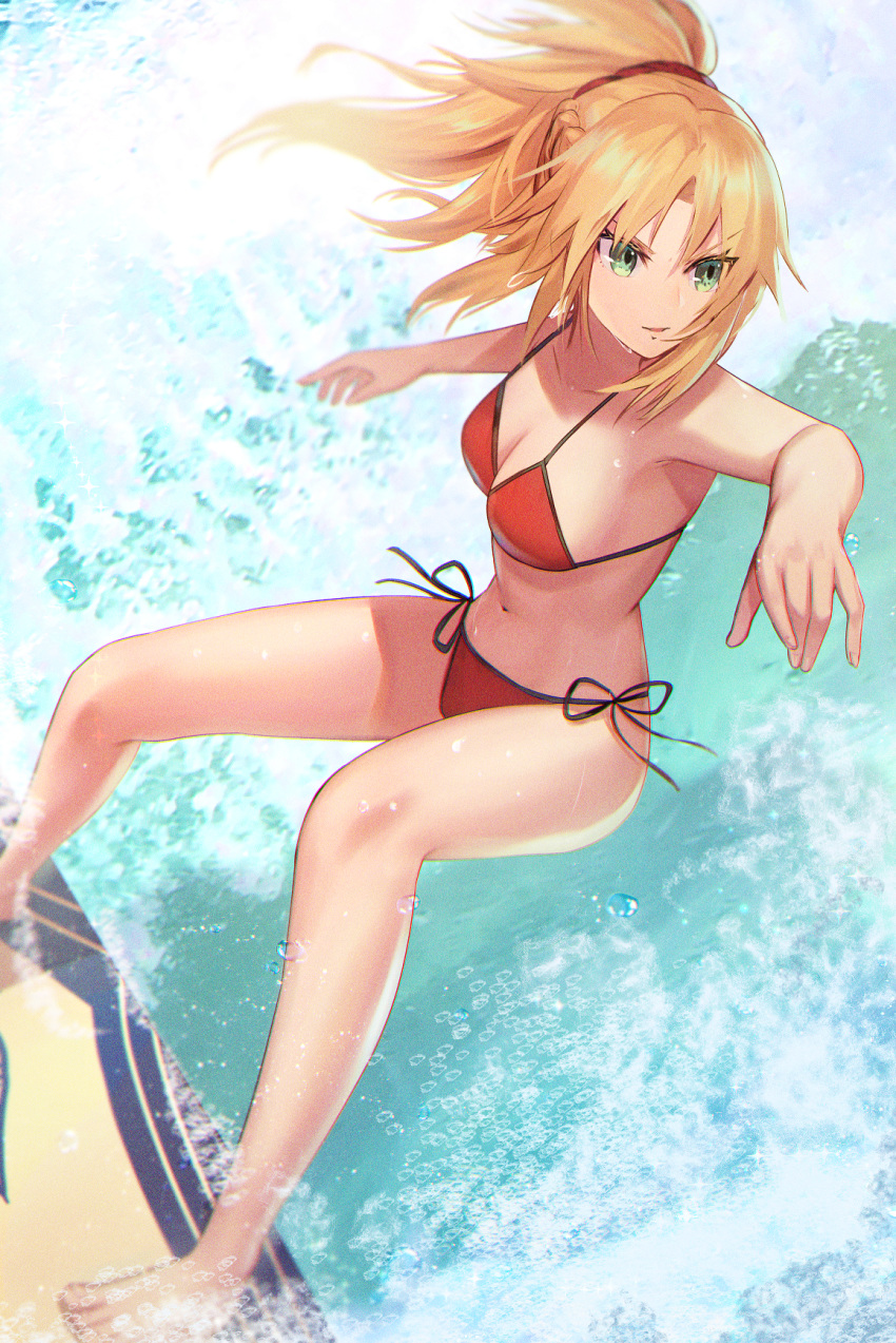 1girl bangs bare_shoulders bikini blonde_hair breasts collarbone dolce_(dolsuke) fate/grand_order fate_(series) green_eyes hair_ornament hair_scrunchie highres long_hair mordred_(fate)_(all) mordred_(swimsuit_rider)_(fate) navel parted_bangs ponytail prydwen red_bikini red_scrunchie scrunchie side-tie_bikini sidelocks small_breasts surfboard surfing swimsuit waves