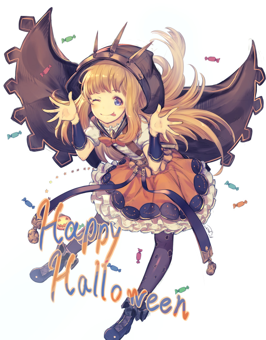 1girl :p adapted_costume bangs belt blonde_hair blue_eyes blue_sailor_collar boots bow bowtie bracer cagliostro_(granblue_fantasy) candy cloak eyebrows_visible_through_hair fingernails food frilled_skirt frills full_body granblue_fantasy halloween highres hood hood_up kotoribako long_hair looking_at_viewer nail_polish one_eye_closed orange_bow orange_nails orange_neckwear orange_skirt pantyhose puffy_short_sleeves puffy_sleeves purple_footwear purple_legwear sailor_collar school_uniform serafuku short_sleeves skirt solo suspender_skirt suspenders tongue tongue_out white_background