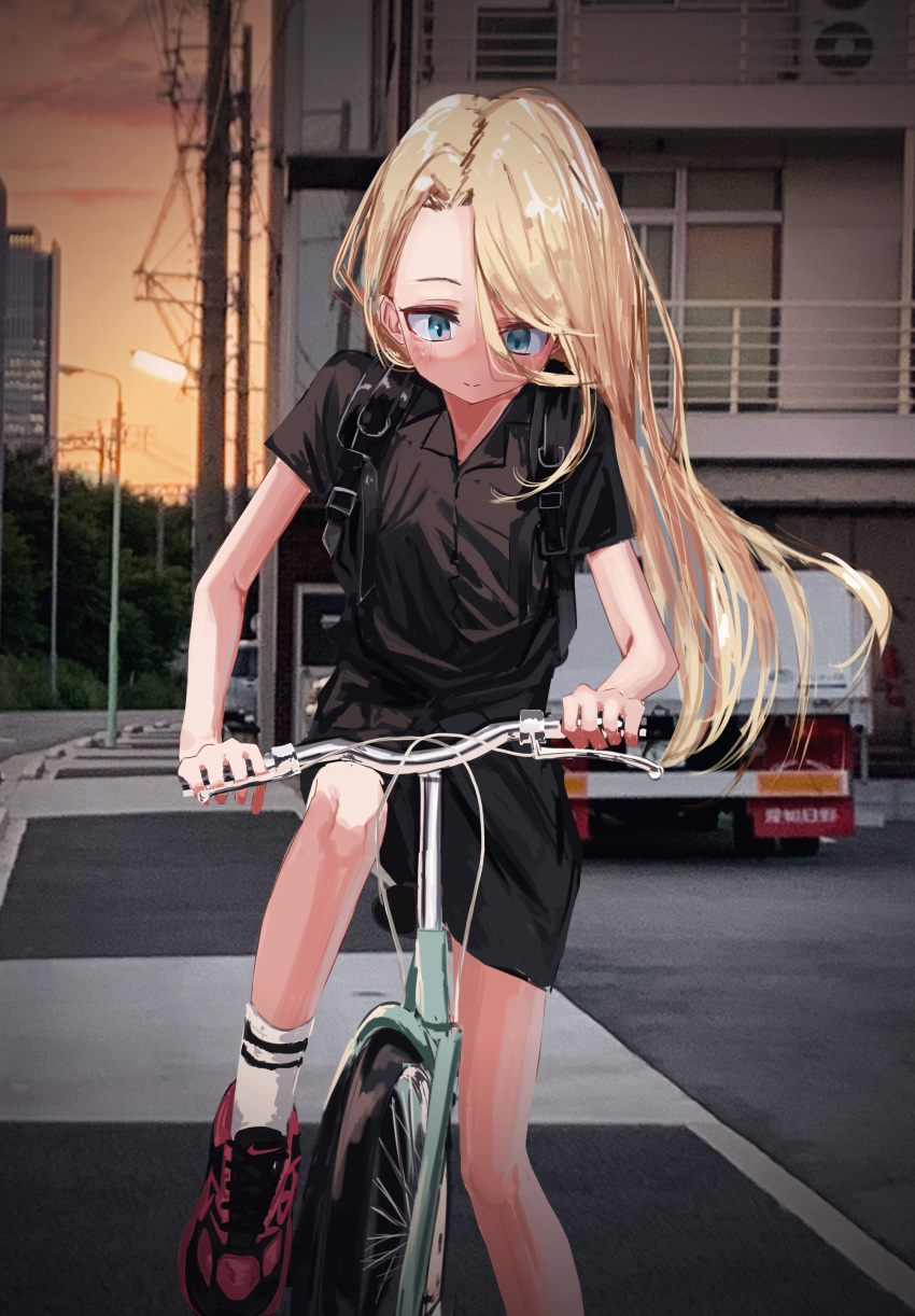 1girl absurdres backpack bag bicycle black_dress blonde_hair blue_eyes closed_mouth dress green_eyes ground_vehicle highres long_hair nadegata nike original photo_background red_footwear riding_bicycle shoes short_dress short_sleeves smile socks solo white_legwear