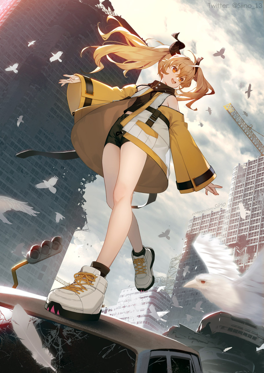 1girl bird blonde_hair clothing_cutout copyright_request day highres horns jacket long_hair open_clothes open_jacket open_mouth outdoors ruins shorts shoulder_cutout siino solo twintails wide_sleeves yellow_eyes zipper zipper_pull_tab