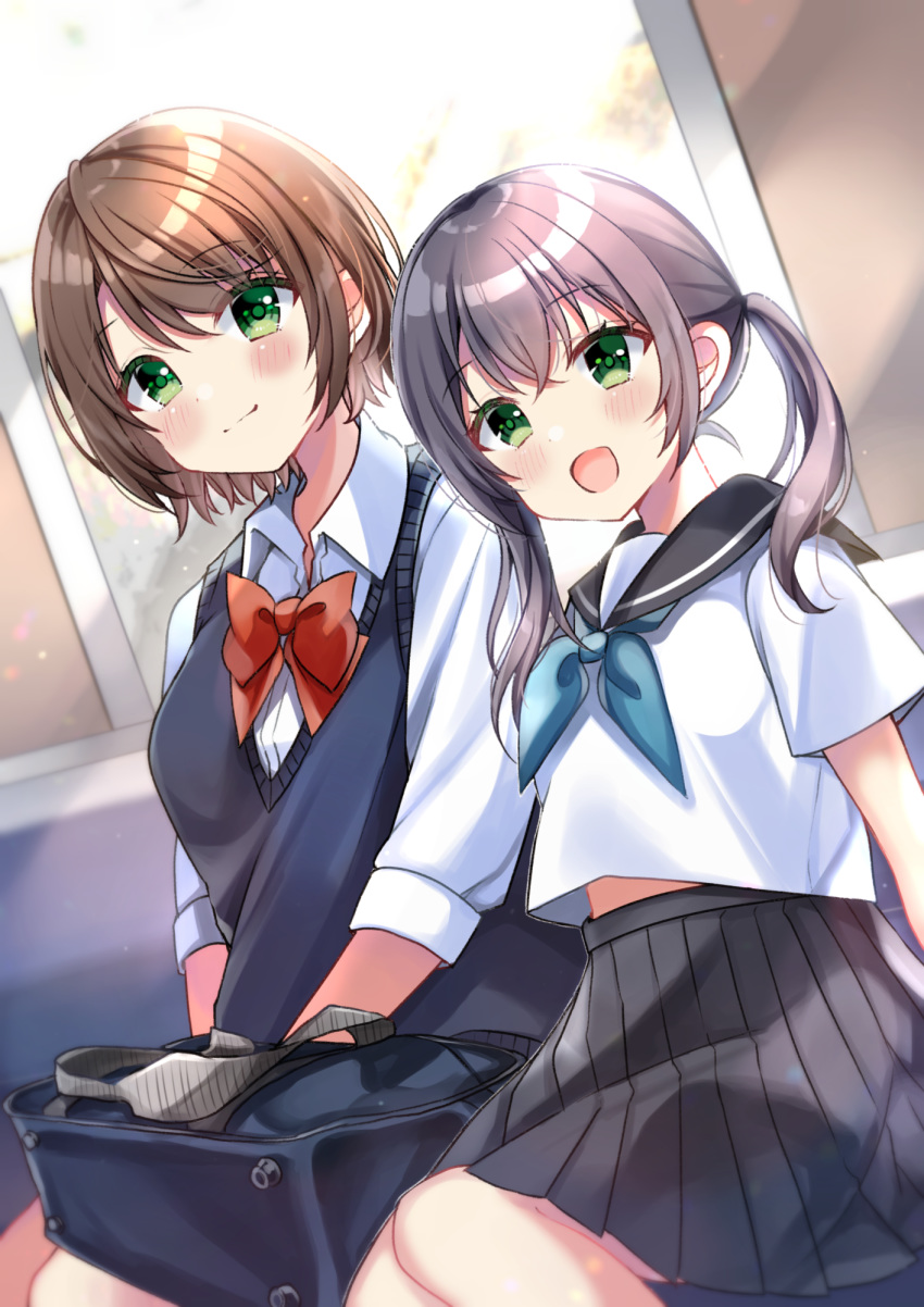 2girls :d bag bangs black_hair black_sailor_collar black_skirt blue_neckwear blurry blurry_background blush bow breasts brown_hair closed_mouth collared_shirt commentary_request depth_of_field dress_shirt eyebrows_visible_through_hair green_eyes hair_between_eyes highres long_hair looking_at_viewer minami_saki multiple_girls neckerchief open_mouth original pleated_skirt red_bow sailor_collar school_bag school_uniform serafuku shirt short_sleeves sitting skirt small_breasts smile sweater_vest twintails white_shirt