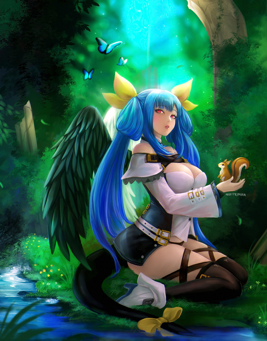 1girl animal artist_name asymmetrical_wings bangs bare_shoulders belt black_panties blue_hair blush breasts bug butterfly choker detached_sleeves dizzy_(guilty_gear) eyebrows_visible_through_hair forest grass guilty_gear guilty_gear_xrd hair_between_eyes hair_ribbon hair_rings high_heels highres holding holding_animal insect large_breasts monster_girl nature notprimula panties red_eyes ribbon river signature solo squirrel tail tail_ribbon thick_thighs thigh-highs thigh_strap thighs tress twintails underwear wings yellow_ribbon
