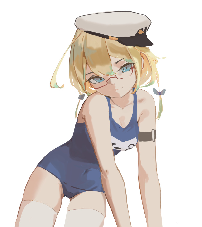 1girl absurdres acccty blonde_hair glasses green_eyes hat highres i-8_(kantai_collection) kantai_collection long_hair looking_at_viewer low_twintails name_tag peaked_cap red-framed_eyewear school_swimsuit simple_background sitting solo swimsuit thigh-highs twintails white_background white_headwear white_legwear yokozuwari