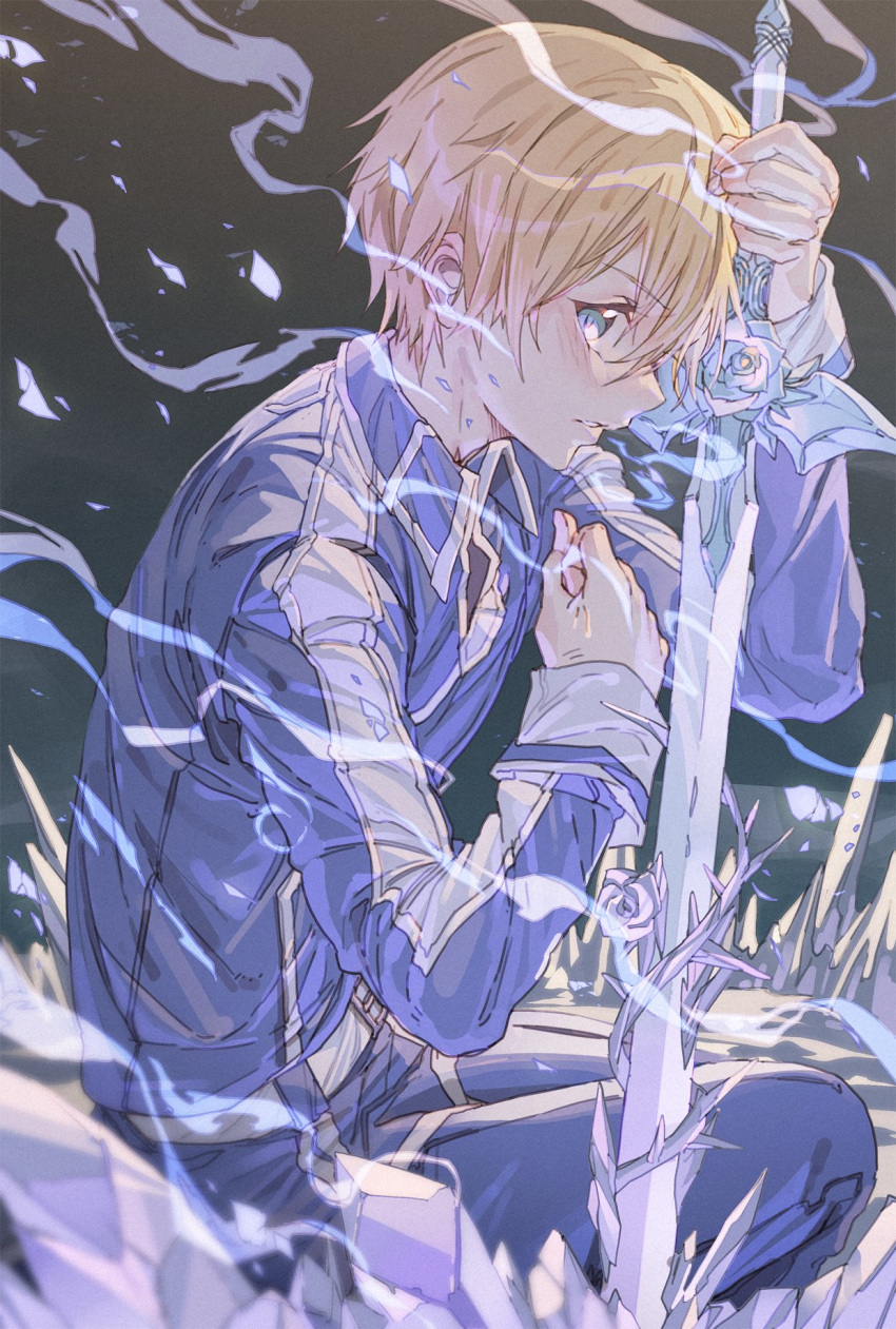 1boy blonde_hair blue_eyes blue_flower blue_pants blue_rose blue_rose_sword blush breath cold eugeo flower highres holding holding_sword holding_weapon hong ice looking_at_viewer pants profile rose short_hair solo sword sword_art_online sword_art_online:_alicization sword_mastery_academy_uniform weapon