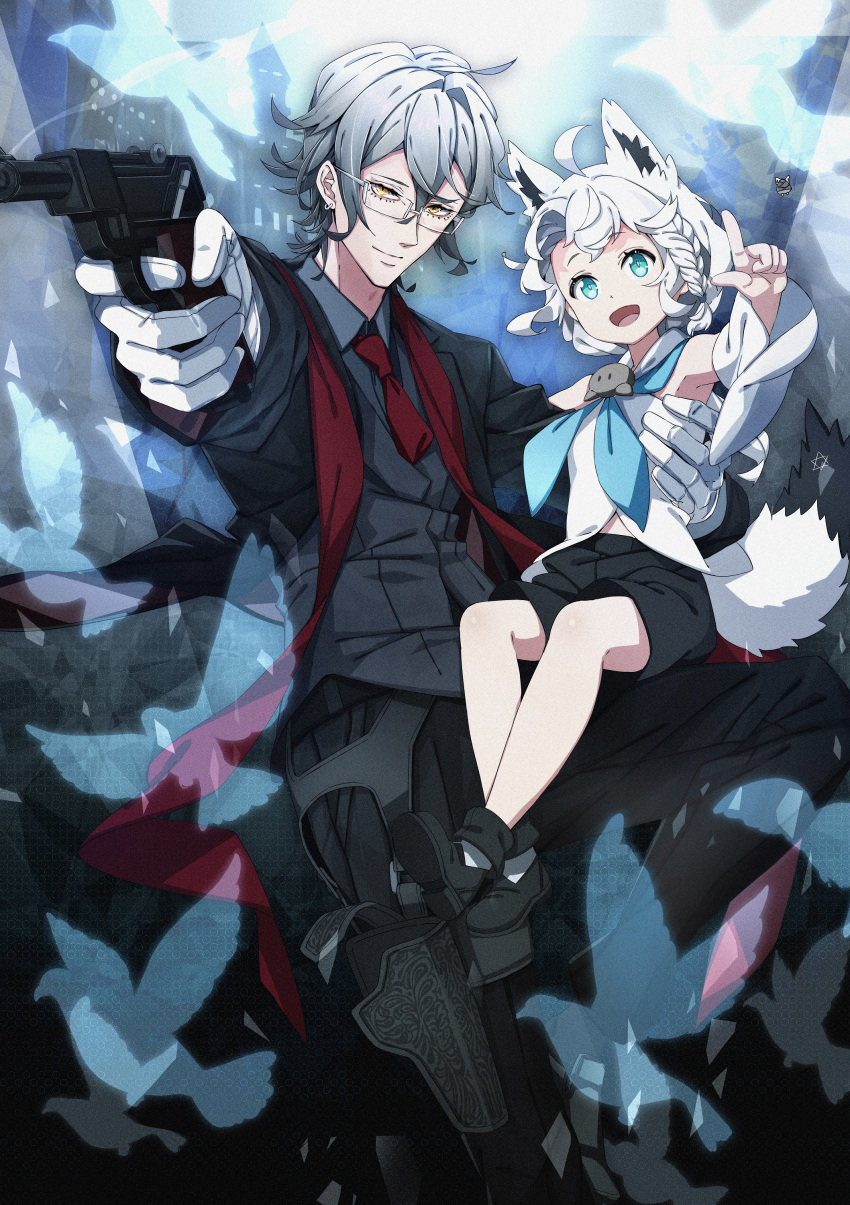 1boy 1girl absurdres ahoge animal_ears armpits bangs black_shorts black_suit blue_neckwear braid child cno collared_shirt commentary_request detached_sleeves earrings eyebrows_visible_through_hair fox_ears fox_girl fox_tail glasses gloves green_eyes grey_hair grey_shirt gun hair_between_eyes highres holding holding_gun holding_weapon hololive jewelry long_hair looking_at_viewer neckerchief necktie open_mouth original oruyanke_(fubuki_channel) outstretched_arm pentagram pointing red_neckwear shirakami_fubuki shirt short_shorts shorts sidelocks single_braid sitting sitting_on_lap sitting_on_person sleeveless sleeveless_shirt tail weapon white_gloves white_hair white_shirt yellow_eyes