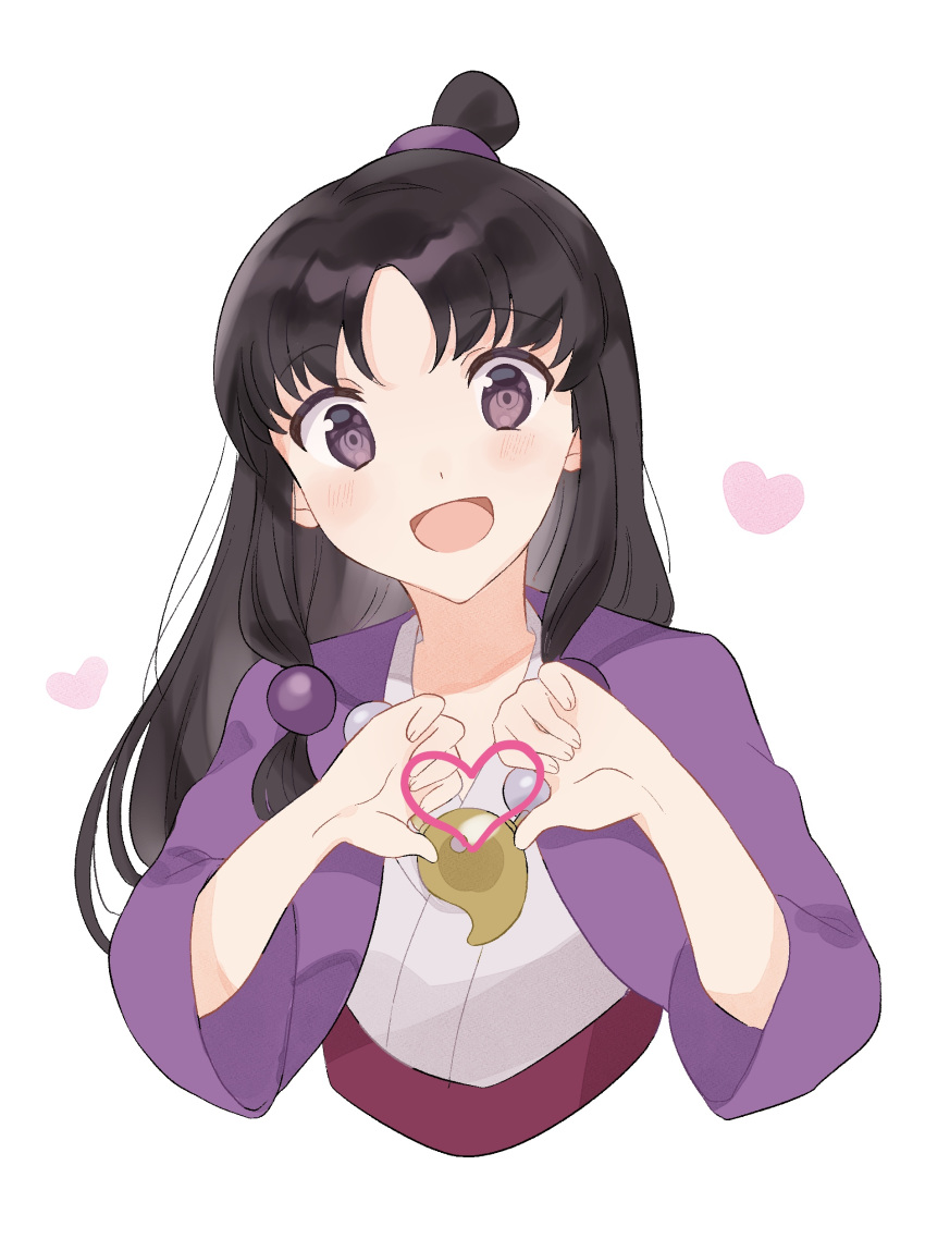 1girl :d absurdres ayasato_mayoi black_hair blush gyakuten_saiban hair_ornament half_updo heart heart_hands highres japanese_clothes jpeg_artifacts long_hair looking_at_viewer magatama_necklace open_mouth rin_(yukameiko) simple_background smile solo upper_body violet_eyes white_background