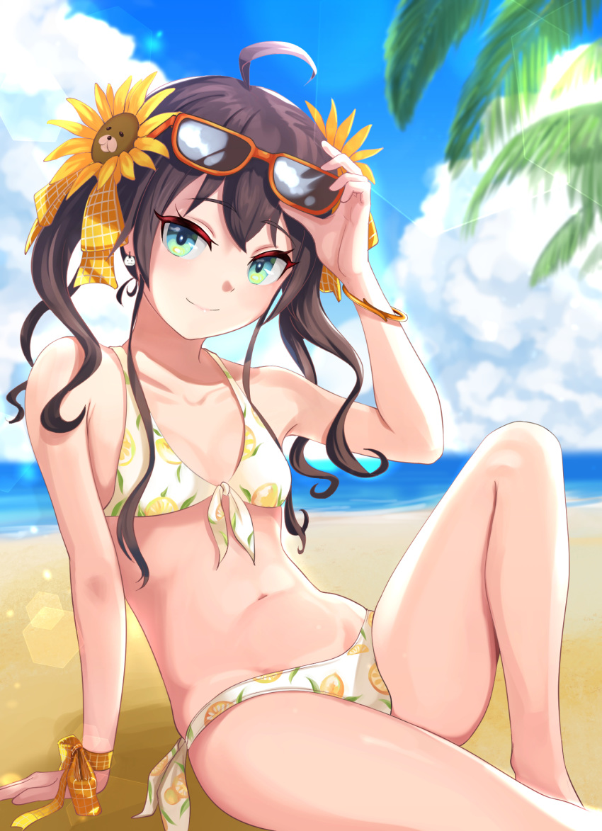 beach blue_eyes blurry blurry_background breasts clouds collarbone earrings eyewear_on_head flower hair_flower hair_ornament highres hololive jewelry looking_at_viewer lying natsuiro_matsuri navel sand small_breasts smile sunflower sunglasses swimsuit virtual_youtuber
