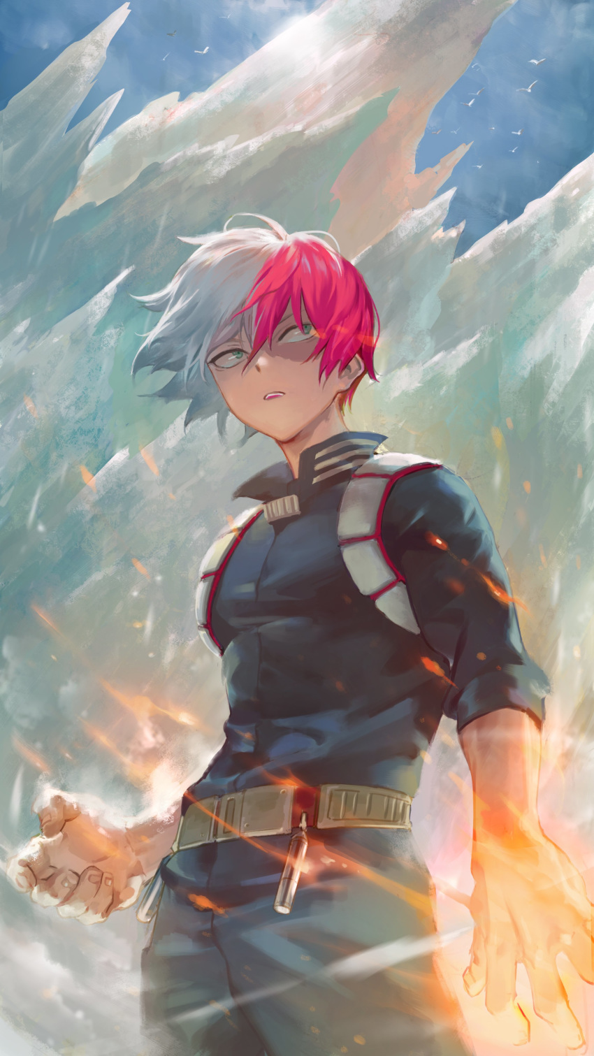 1boy absurdres belt blue_eyes boku_no_hero_academia burn_scar commentary_request cowboy_shot fire grey_eyes heterochromia high_collar highres ice looking_to_the_side multicolored_hair parted_lips redhead scar standing todoroki_shouto two-tone_hair u.a._gym_uniform white_belt white_hair yayoi_fmfm